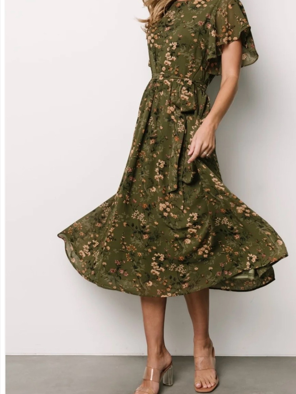 New!!! Baltic Born Olive Green Floral Midi Dress with Tie Waist - Picture 3 of 17